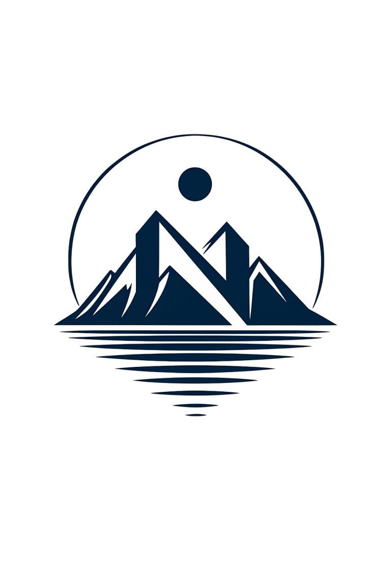 Minimalist Scandinavian mountain landscape with perfectly reflected mountains, calm mirror-like lake, symmetrical composition, wide open sky, and a peaceful Nordic atmosphere in a low-poly geometric style.