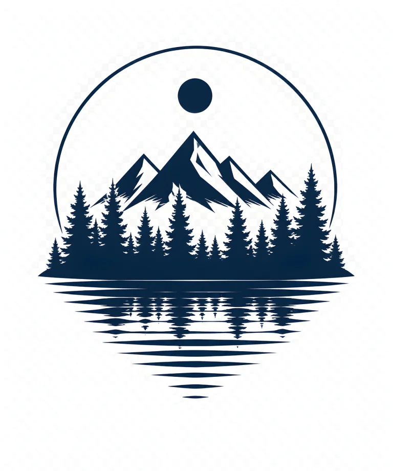 Minimalist Scandinavian pine forest landscape with symmetrical evergreen trees, calm reflective lake, wide open sky, soft Nordic colors, and a peaceful low-poly geometric design.