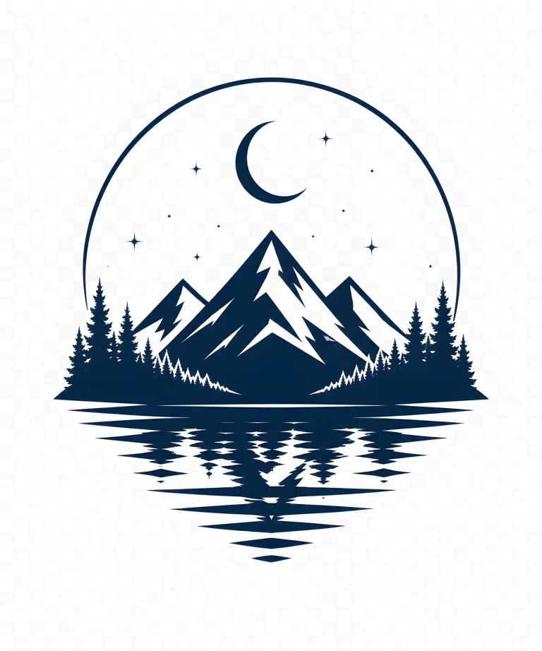 Minimalist Scandinavian mountain landscape under soft moonlight with symmetrical peaks, mirror-like lake reflections, wide open night sky, and a peaceful low-poly geometric design.