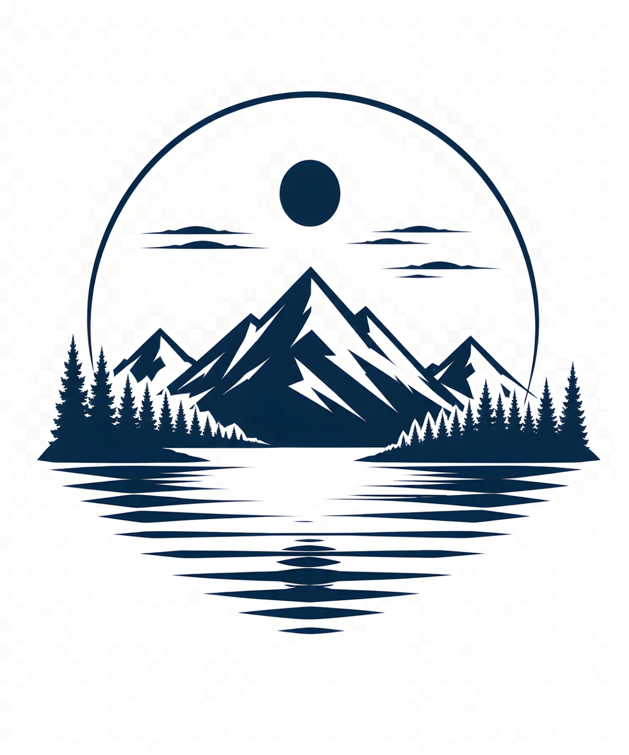Minimalist Scandinavian mountain horizon with gentle alpine ridges, calm reflective lake, wide open sky, symmetrical composition, and peaceful low-poly geometric landscape.