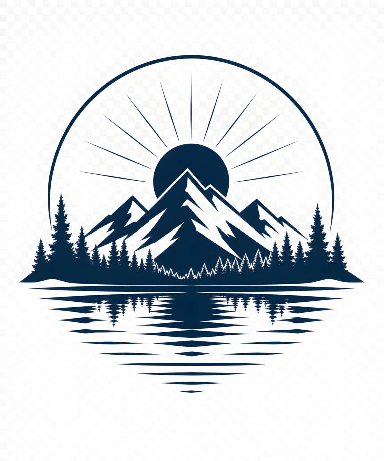 Minimalist Scandinavian evergreen lakeside landscape with calm reflective water, symmetrical evergreen trees, wide open sky, and a peaceful low-poly geometric design.