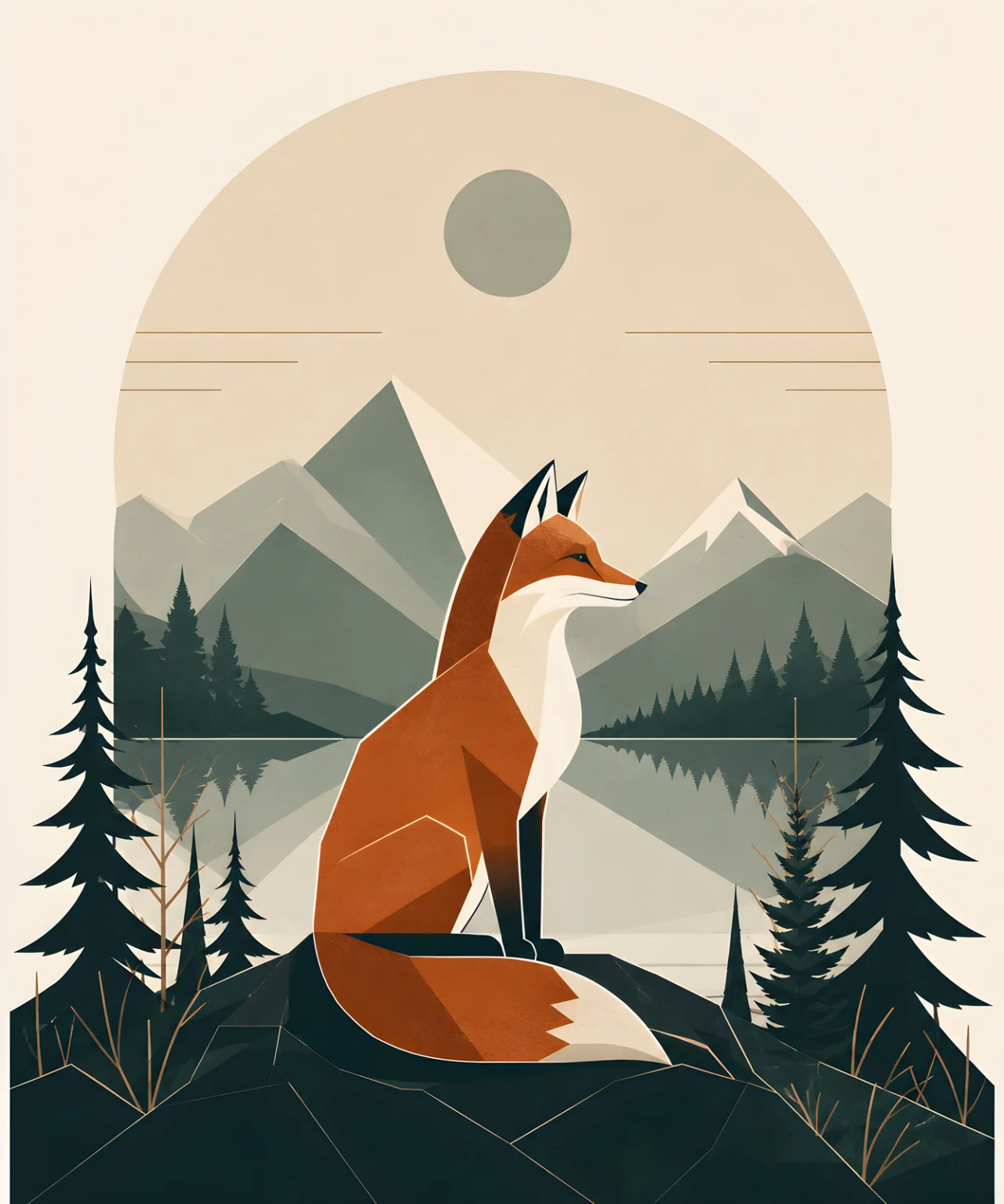 Minimalist Scandinavian red fox standing quietly in a Nordic conifer forest with a symmetrical geometric composition, soft earth tones, generous negative space, and a calm low-poly design.