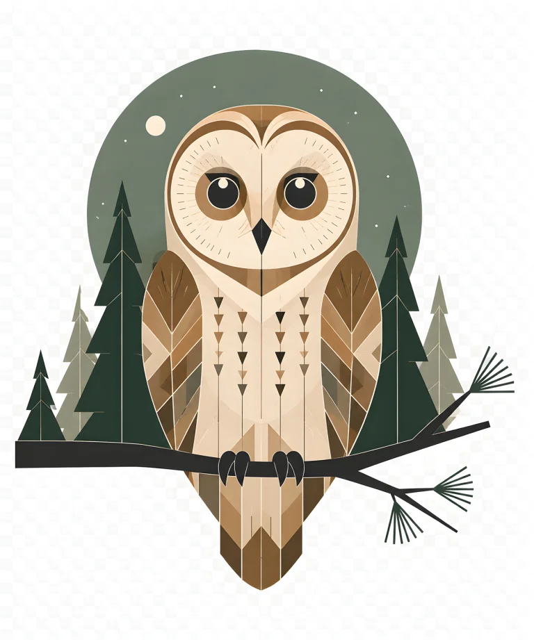Minimalist Scandinavian tawny owl resting quietly on a tree branch in a Nordic forest with a symmetrical geometric composition, soft Nordic colors, generous negative space, and a calm low-poly design.