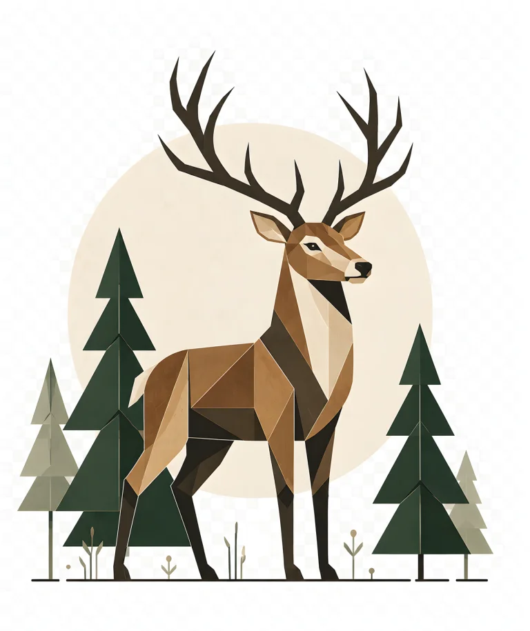 Minimalist Scandinavian red deer standing peacefully in a Nordic conifer forest with elegant antlers, a symmetrical geometric composition, soft Nordic colors, generous negative space, and a calm low-poly design.