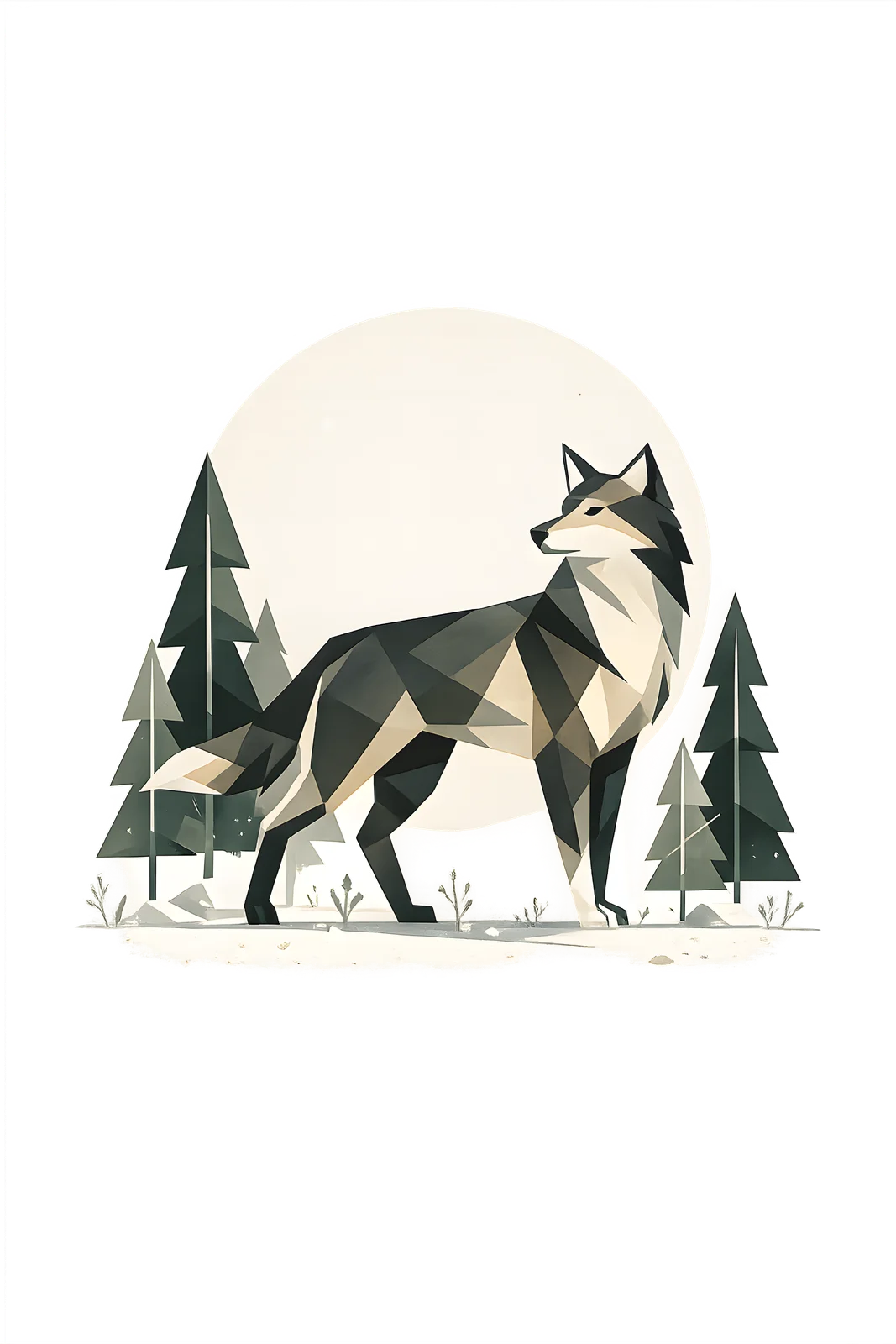 Minimalist Scandinavian grey wolf standing quietly in a snowy Nordic conifer forest with a symmetrical geometric composition, soft Nordic colors, generous negative space, and a calm low-poly design.