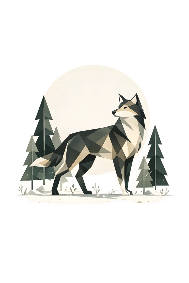 Minimalist Scandinavian grey wolf standing quietly in a snowy Nordic conifer forest with a symmetrical geometric composition, soft Nordic colors, generous negative space, and a calm low-poly design.