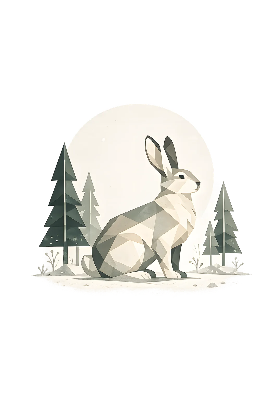 Minimalist Scandinavian mountain hare resting peacefully on a Nordic snowfield with long ears, a symmetrical geometric composition, soft winter colors, generous negative space, and a calm low-poly design.