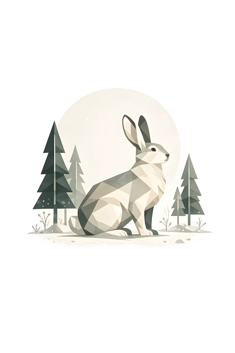 Minimalist Scandinavian mountain hare resting peacefully on a Nordic snowfield with long ears, a symmetrical geometric composition, soft winter colors, generous negative space, and a calm low-poly design.