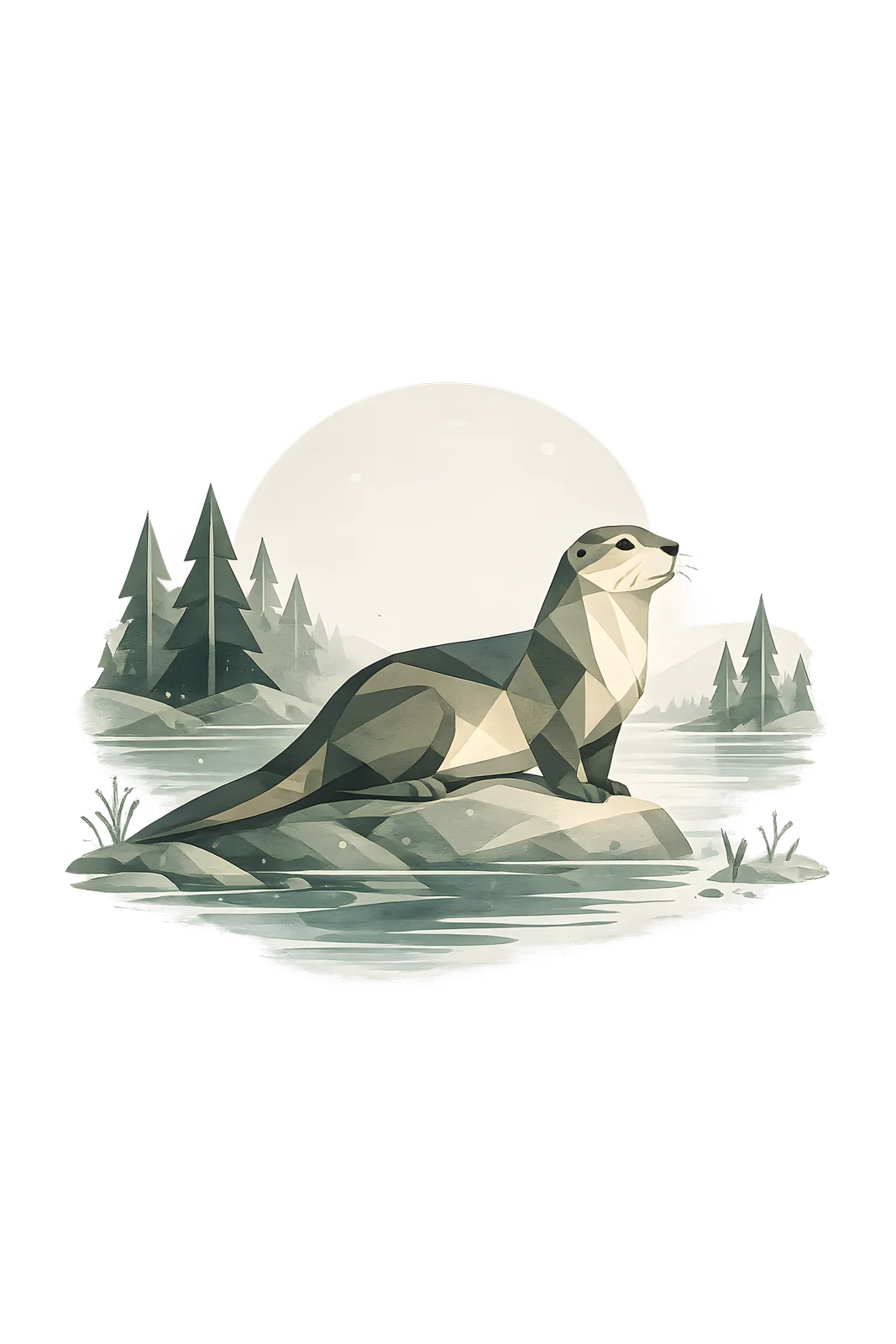 Minimalist Scandinavian Eurasian otter resting peacefully beside a quiet Nordic river with a flowing silhouette, soft earth tones, generous negative space, and a calm low-poly geometric design.