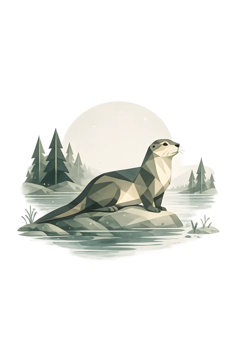 Minimalist Scandinavian Eurasian otter resting peacefully beside a quiet Nordic river with a flowing silhouette, soft earth tones, generous negative space, and a calm low-poly geometric design.