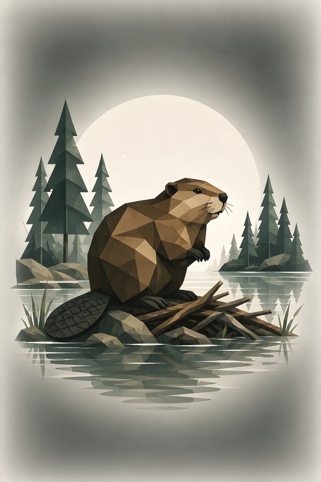 Minimalist Scandinavian Eurasian beaver standing peacefully beside a quiet Nordic lake with a distinctive flat tail, soft earth tones, generous negative space, and a calm low-poly geometric design.