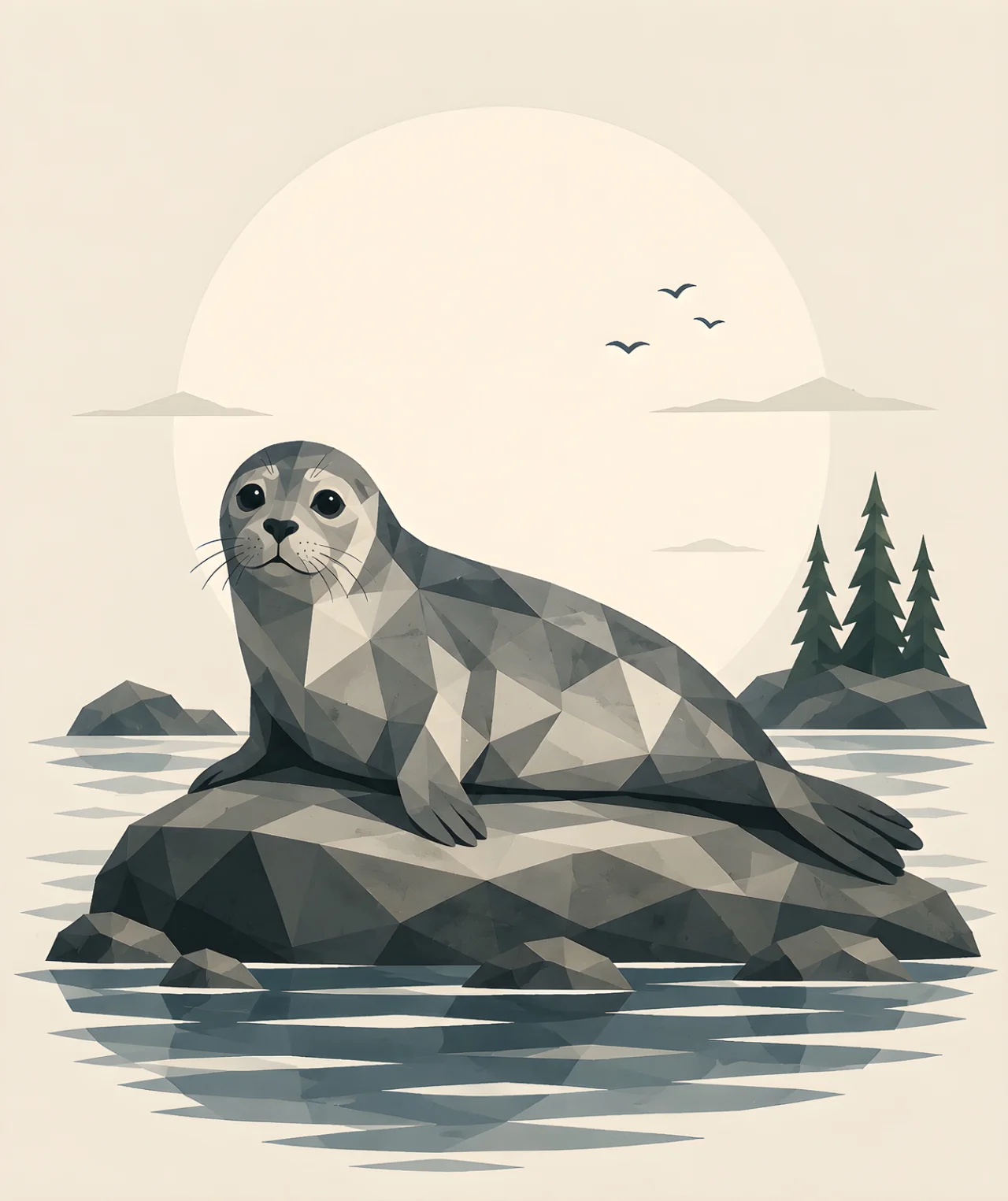 Minimalist Scandinavian harbor seal resting peacefully on a coastal rock beside the Nordic sea with a rounded silhouette, soft coastal colors, generous negative space, and a calm low-poly geometric design.