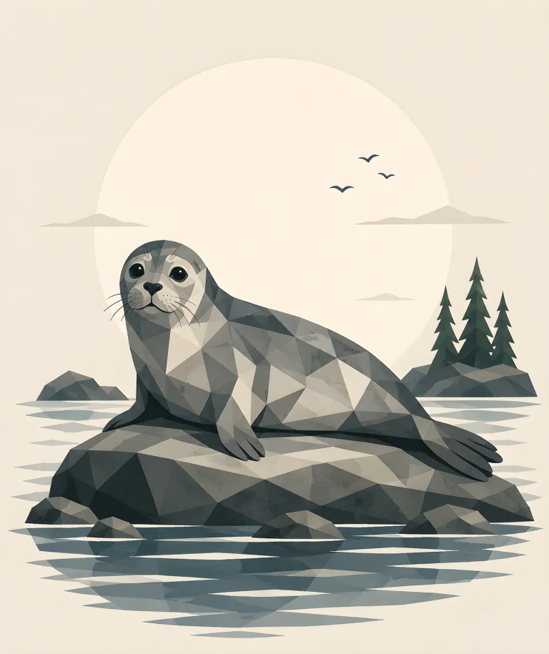 Minimalist Scandinavian harbor seal resting peacefully on a coastal rock beside the Nordic sea with a rounded silhouette, soft coastal colors, generous negative space, and a calm low-poly geometric design.