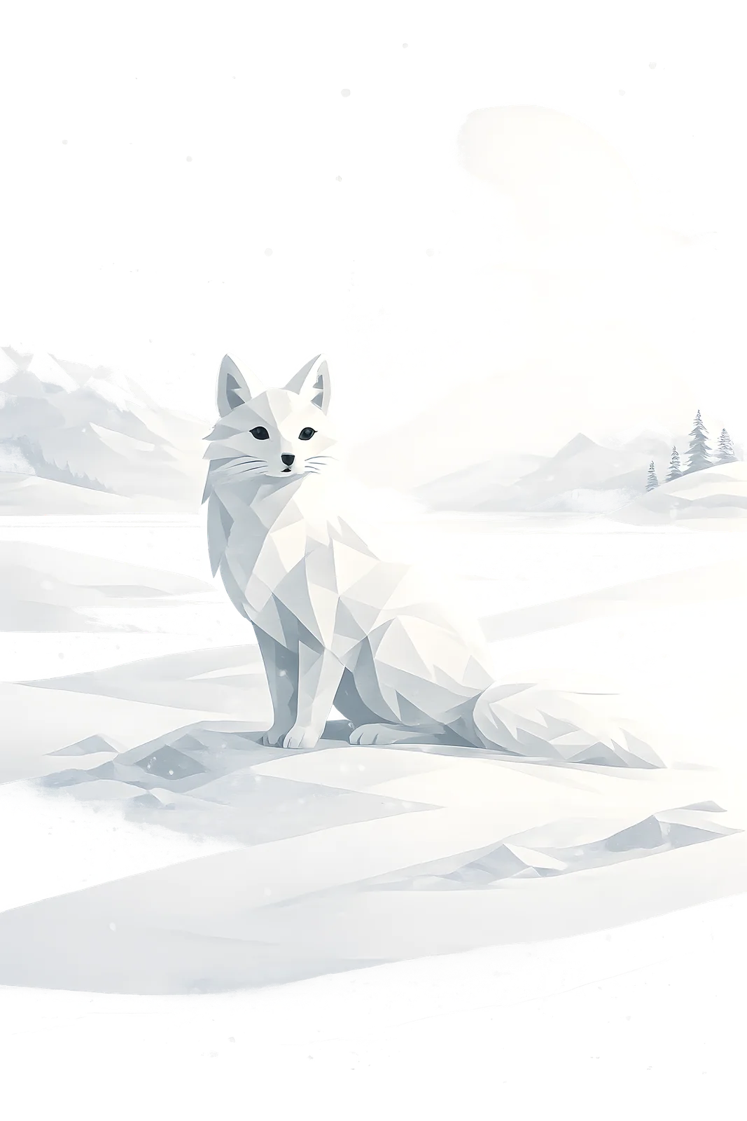 Minimalist Scandinavian Arctic fox standing quietly on a snowy Arctic landscape with a flowing white tail, soft winter tones, generous negative space, and a calm low-poly geometric design.