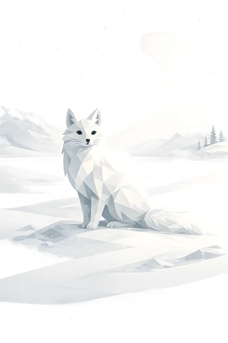 Minimalist Scandinavian Arctic fox standing quietly on a snowy Arctic landscape with a flowing white tail, soft winter tones, generous negative space, and a calm low-poly geometric design.