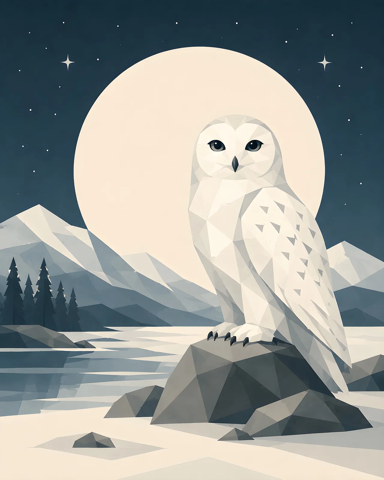 Minimalist Scandinavian snowy owl resting quietly on an Arctic snowfield with large geometric eyes, soft winter tones, generous negative space, and a calm low-poly design beneath the northern sky.