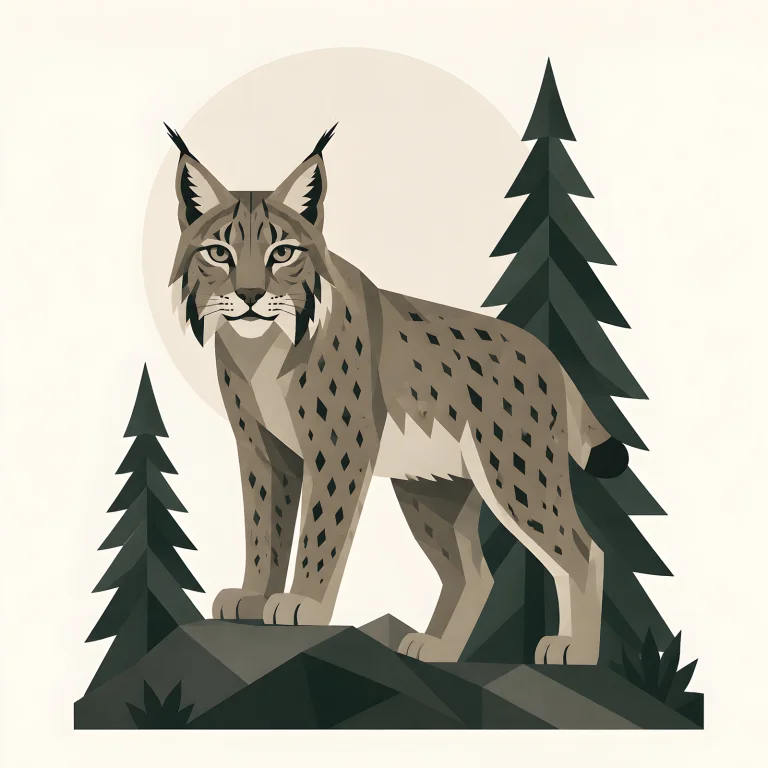 Minimalist Scandinavian Eurasian lynx sitting peacefully on a forest rock in a symmetrical geometric composition with soft Nordic colors, generous negative space, and a calm low-poly design inspired by Nordic woodlands.