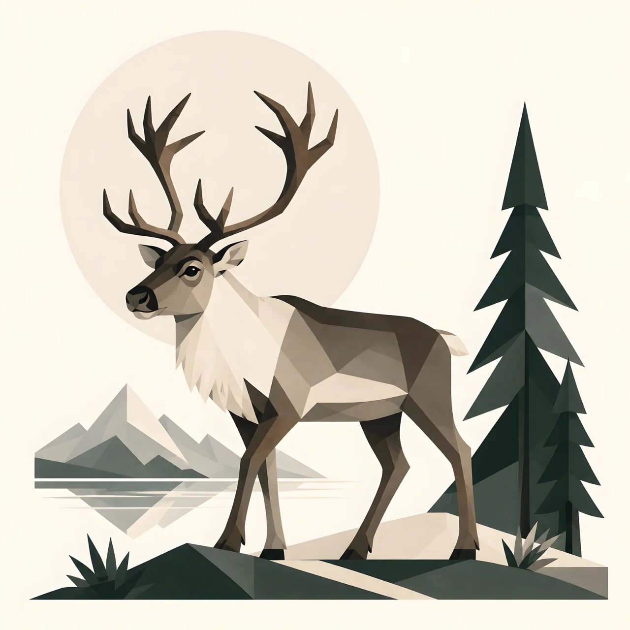 Minimalist Scandinavian reindeer walking peacefully across a snowy Nordic landscape in a symmetrical geometric composition with soft winter colors, generous negative space, and a calm low-poly design.