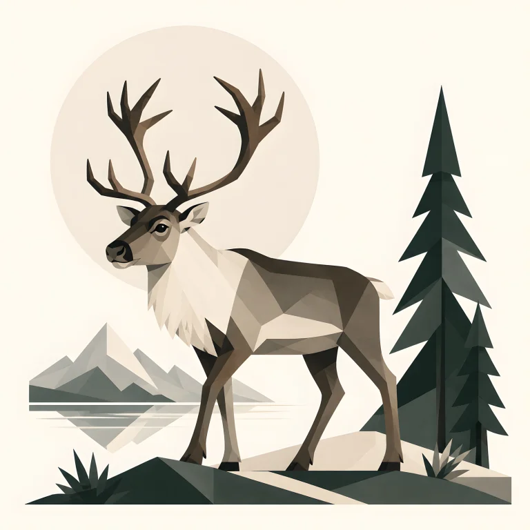 Minimalist Scandinavian reindeer walking peacefully across a snowy Nordic landscape in a symmetrical geometric composition with soft winter colors, generous negative space, and a calm low-poly design.