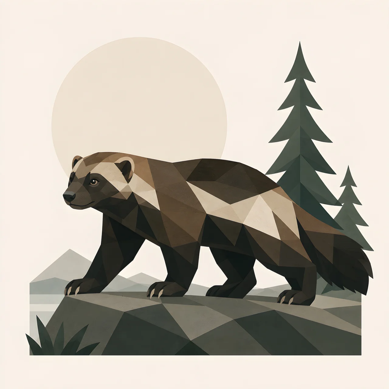 Minimalist Scandinavian wolverine standing peacefully between snow and rocky terrain in a symmetrical geometric composition with soft Nordic colors, generous negative space, and a calm low-poly design.