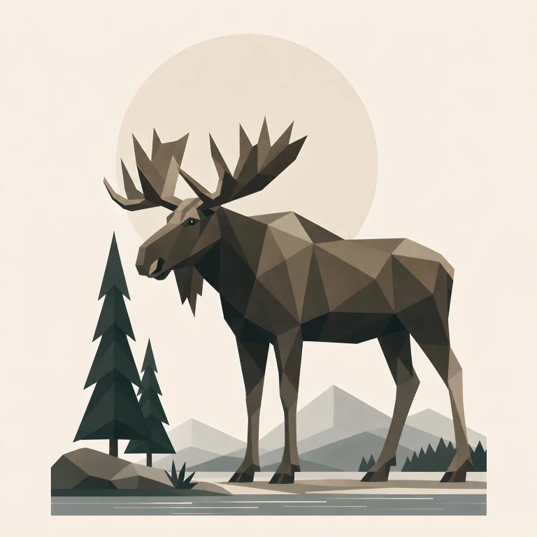 Minimalist Scandinavian moose standing peacefully in a Nordic forest with symmetrical geometric composition, soft woodland colors, generous negative space, and a calm low-poly design.