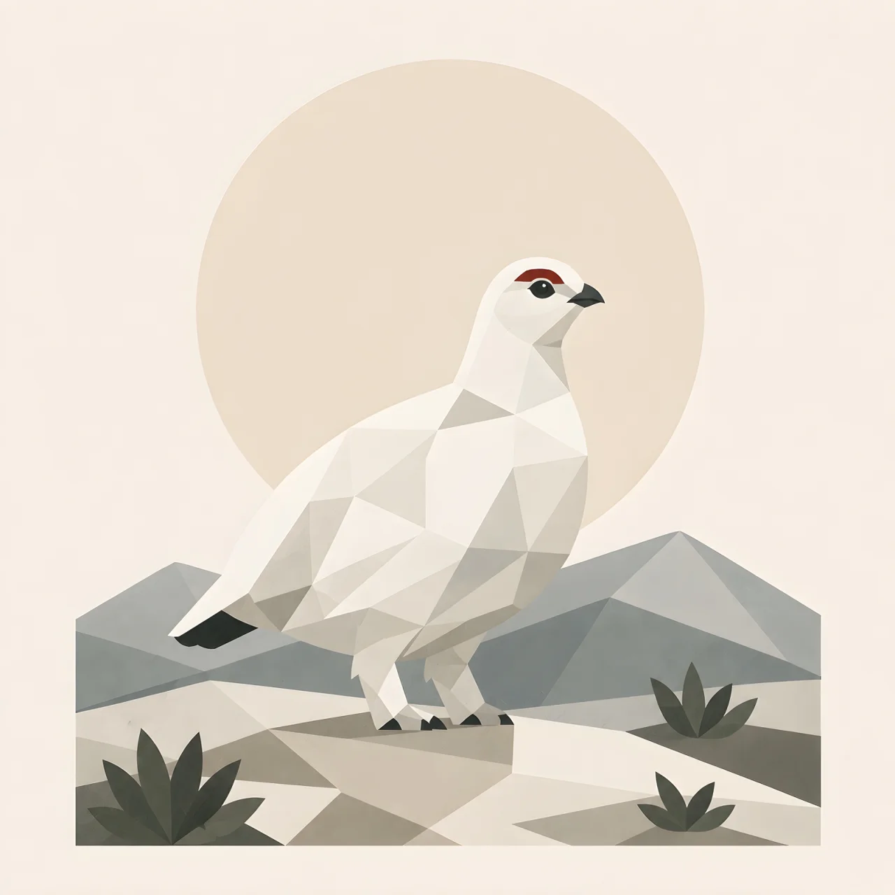 Minimalist Scandinavian ptarmigan resting peacefully on a snowy Arctic landscape in a symmetrical geometric composition with soft Nordic colors, generous negative space, and a calm low-poly design.