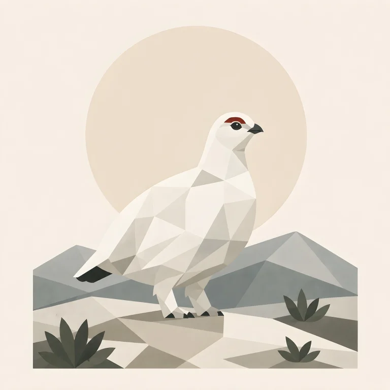 Minimalist Scandinavian ptarmigan resting peacefully on a snowy Arctic landscape in a symmetrical geometric composition with soft Nordic colors, generous negative space, and a calm low-poly design.