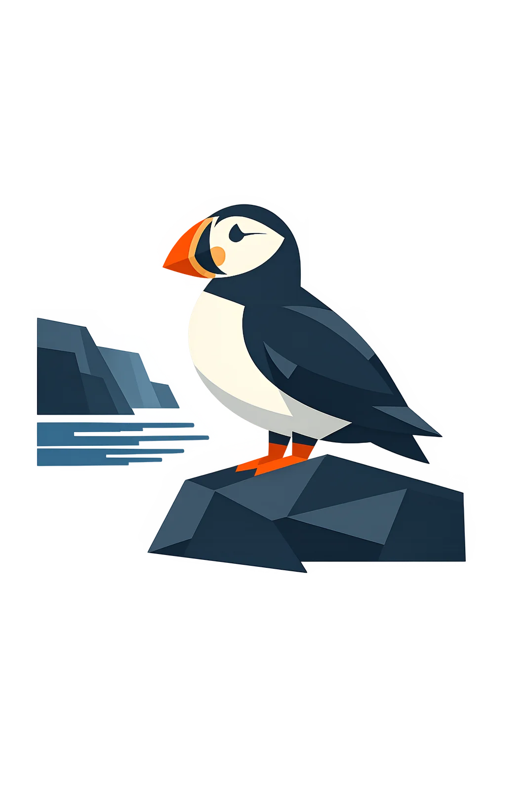 Minimalist Scandinavian Atlantic puffin standing peacefully on a coastal cliff in a symmetrical geometric composition with soft Nordic colors, generous negative space, and a calm low-poly design overlooking the sea.