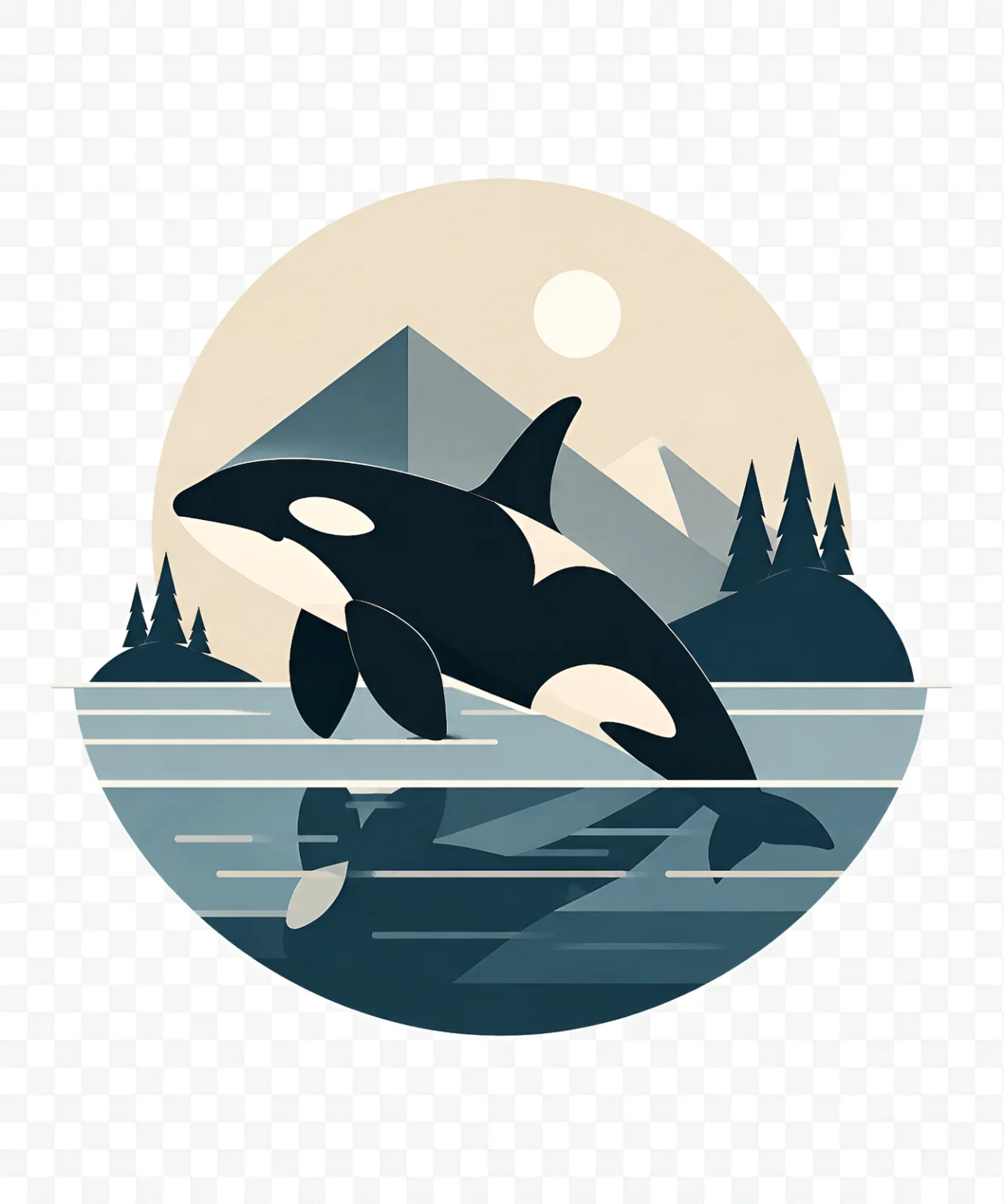 Minimalist Scandinavian orca swimming peacefully through the North Atlantic in a symmetrical geometric composition with soft Nordic colors, generous negative space, and a calm low-poly design.