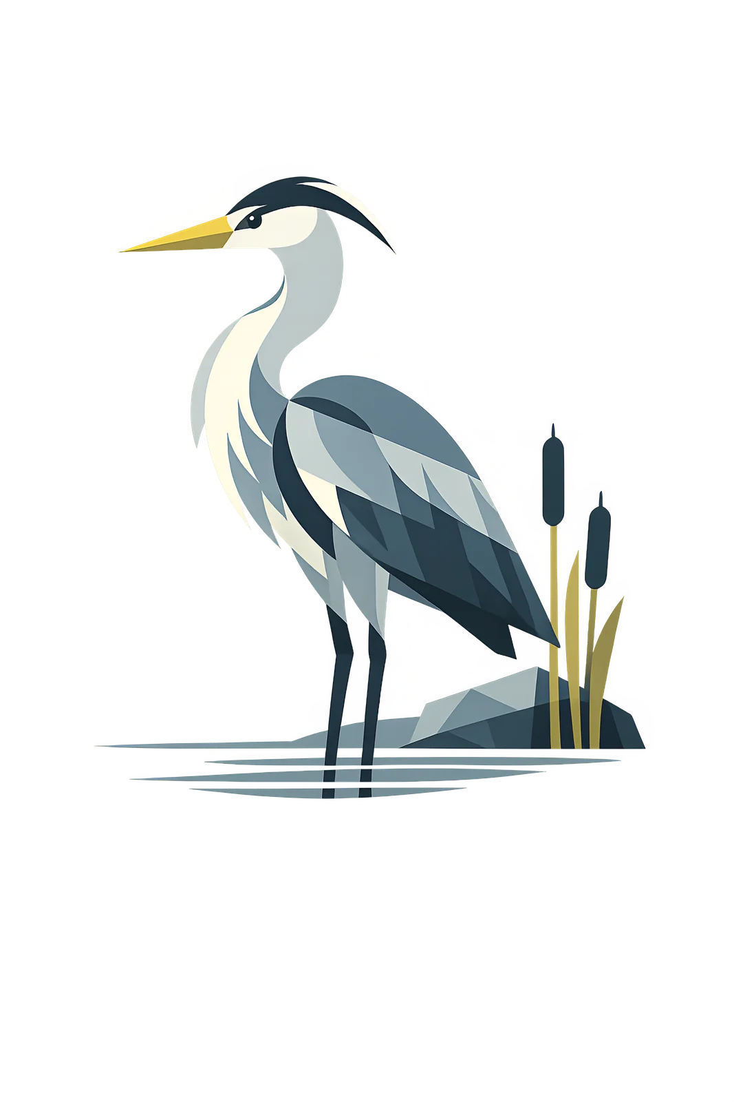 Minimalist Scandinavian grey heron standing peacefully in a quiet wetland with symmetrical geometric composition, calm water reflections, generous negative space, and a soft low-poly Nordic design.