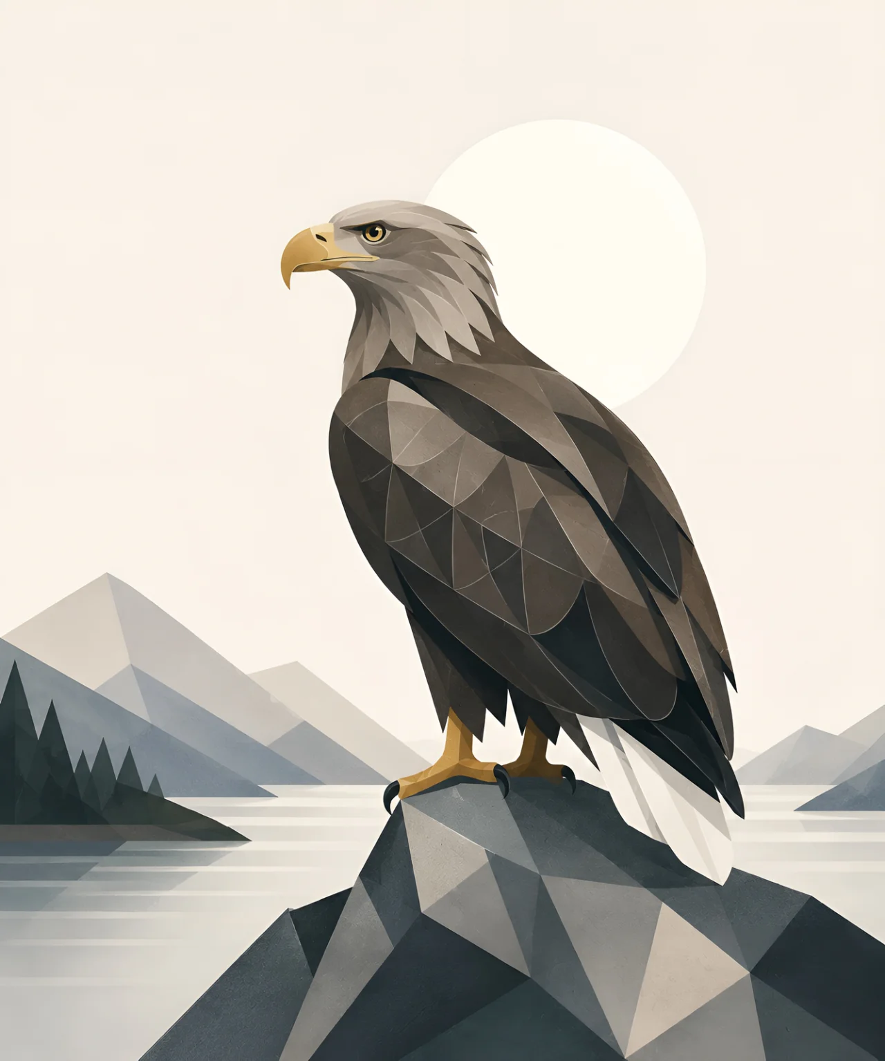 Minimalist Scandinavian white-tailed eagle standing peacefully on a rocky outcrop overlooking northern lakes in a symmetrical geometric composition with soft Nordic colors, generous negative space, and a calm low-poly design.