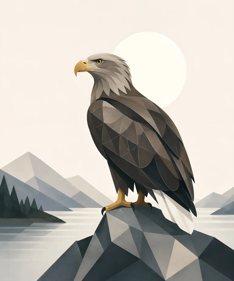 Minimalist Scandinavian white-tailed eagle standing peacefully on a rocky outcrop overlooking northern lakes in a symmetrical geometric composition with soft Nordic colors, generous negative space, and a calm low-poly design.