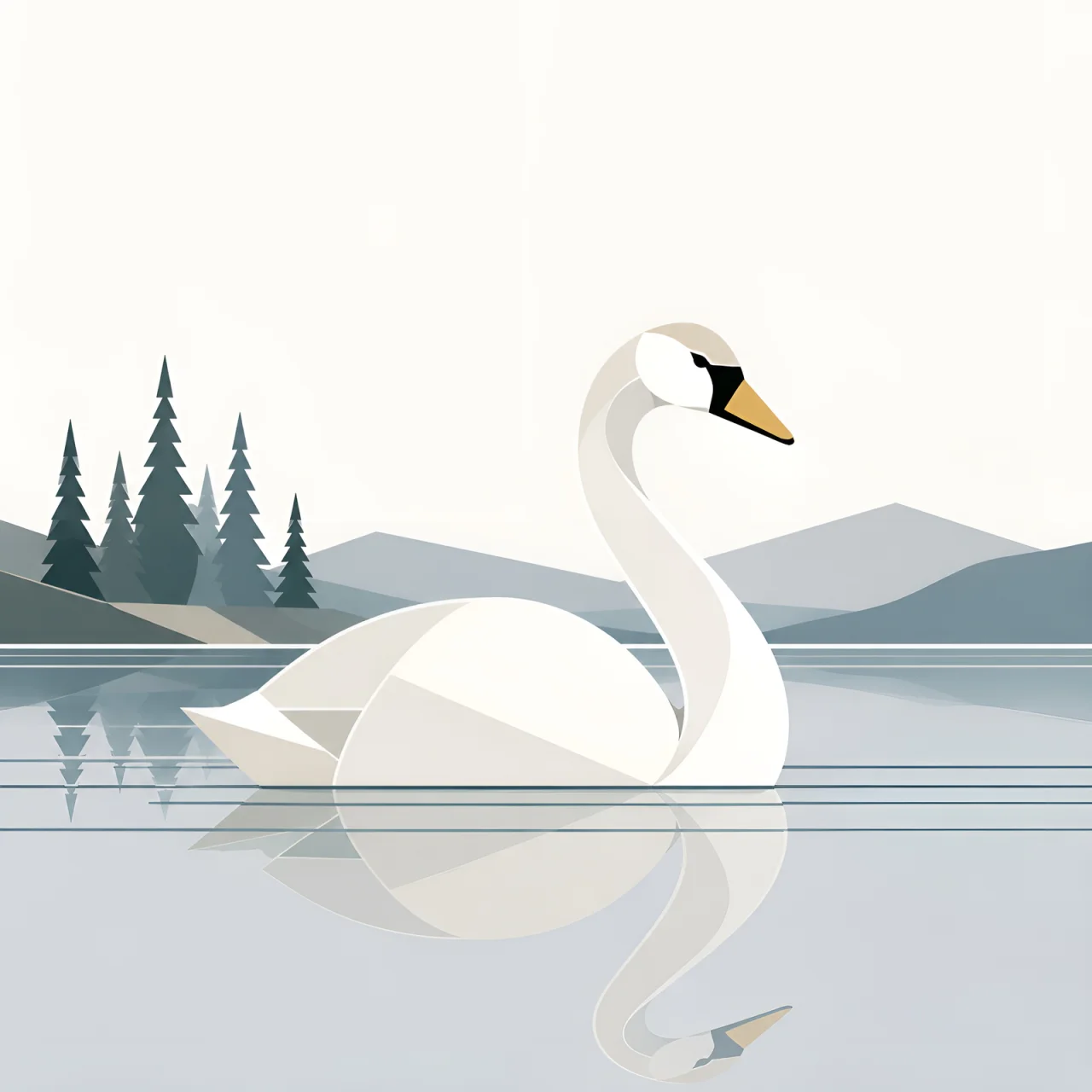 Minimalist Scandinavian whooper swan gliding peacefully across a calm Nordic lake in a symmetrical geometric composition with soft Nordic colors, generous negative space, and a serene low-poly design.