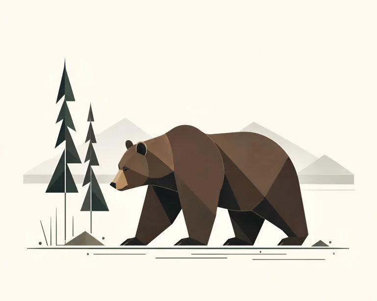 Minimalist Scandinavian brown bear walking peacefully through an ancient Nordic pine forest in a symmetrical geometric composition with soft earth tones, generous negative space, and a calm low-poly design.