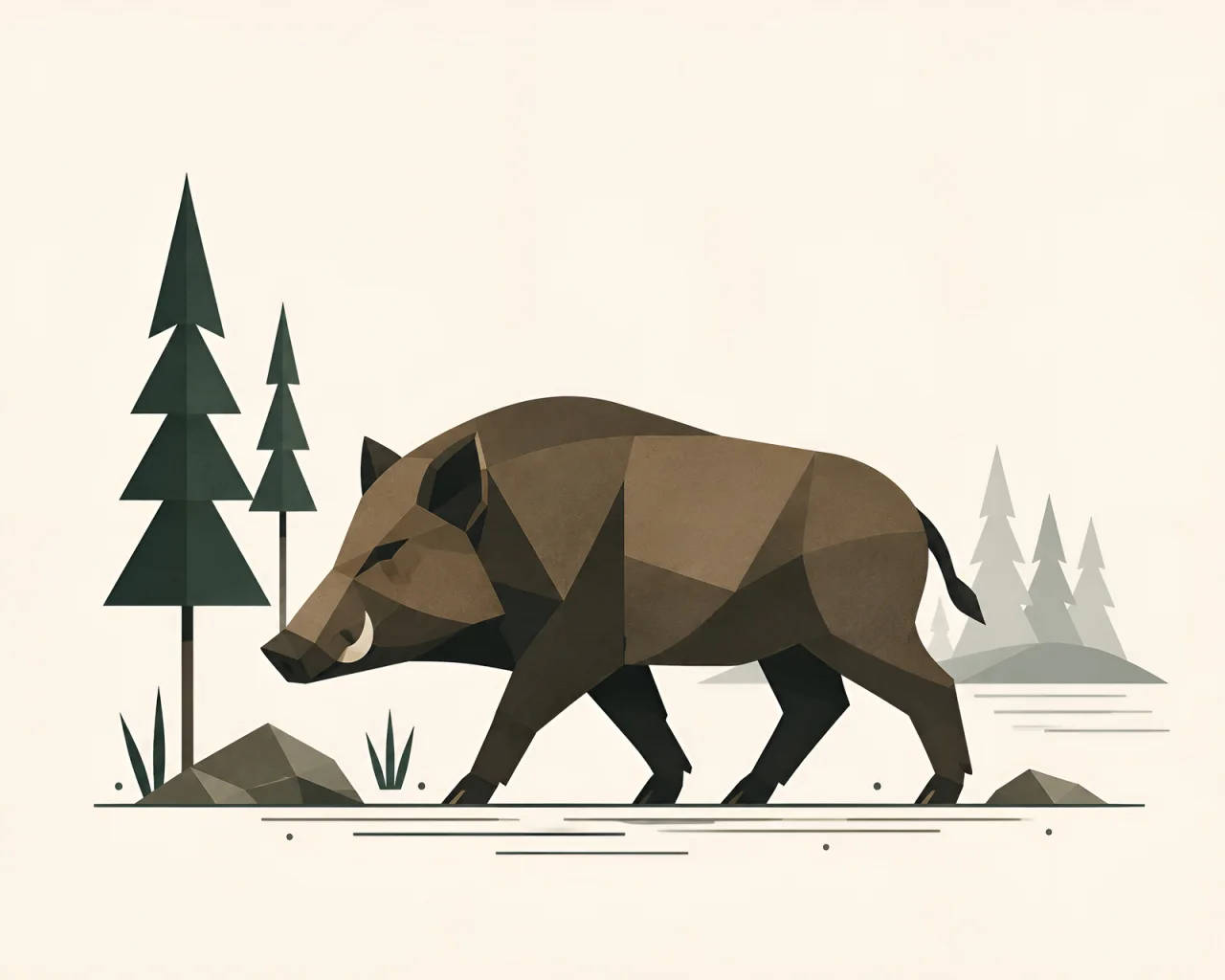 Minimalist Scandinavian wild boar walking peacefully through an ancient Nordic forest in a symmetrical geometric composition with soft earth tones, generous negative space, and a calm low-poly design.