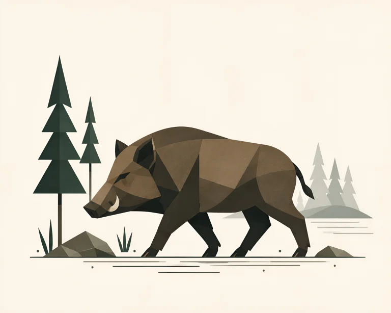 Minimalist Scandinavian wild boar walking peacefully through an ancient Nordic forest in a symmetrical geometric composition with soft earth tones, generous negative space, and a calm low-poly design.