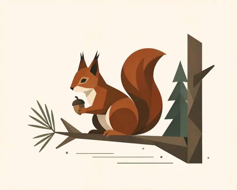 Minimalist Scandinavian red squirrel sitting quietly on a forest branch holding a small pine cone in a symmetrical geometric composition with soft Nordic colors, generous negative space, and a calm low-poly design.