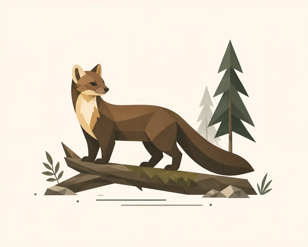 Minimalist Scandinavian pine marten standing quietly on a moss-covered fallen log in an ancient Nordic forest with a symmetrical geometric composition, soft Nordic colors, generous negative space, and a calm low-poly design.