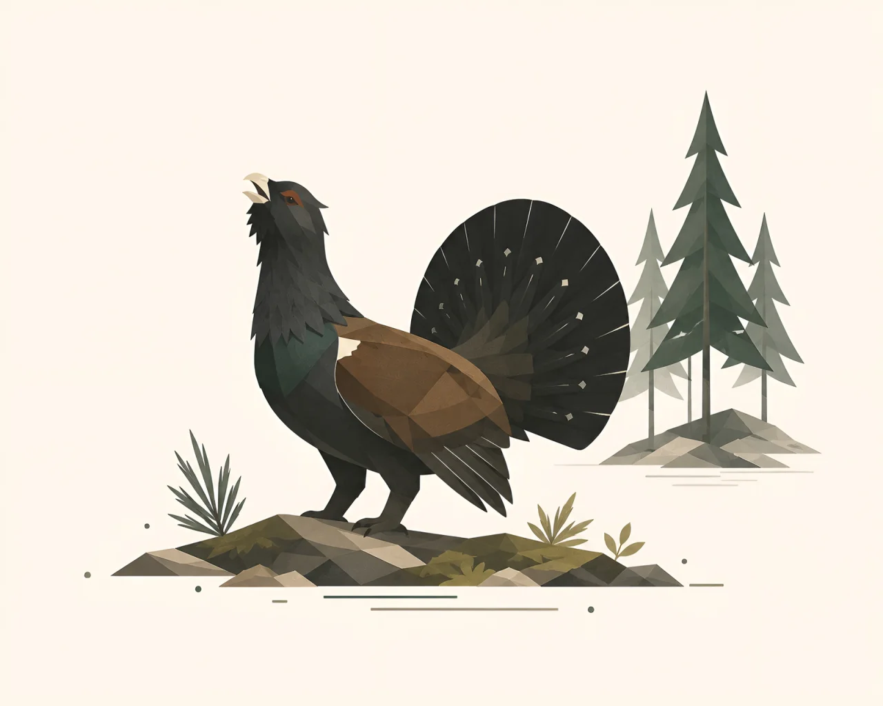 Minimalist Scandinavian capercaillie standing peacefully beside a conifer tree in an ancient Nordic forest with a symmetrical geometric composition, soft Nordic colors, generous negative space, and a calm low-poly design.