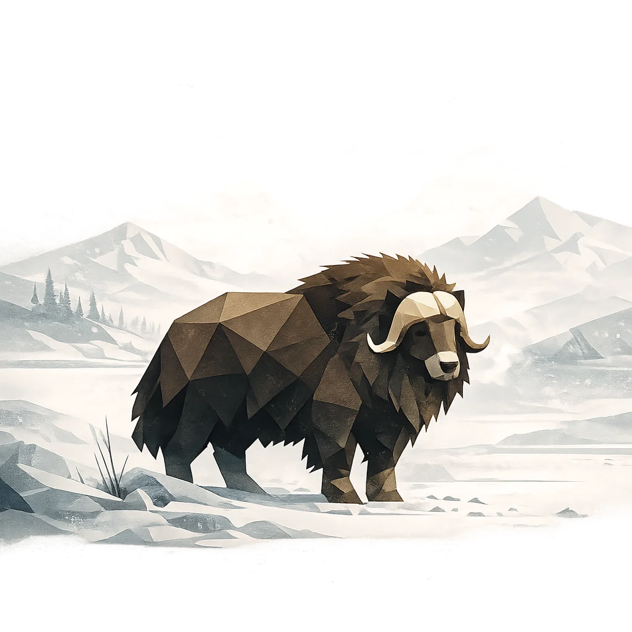 Minimalist Scandinavian musk ox standing quietly on an Arctic snowfield with sweeping horns, a long winter coat, generous negative space, and a calm low-poly geometric design.