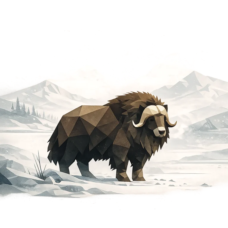 Minimalist Scandinavian musk ox standing quietly on an Arctic snowfield with sweeping horns, a long winter coat, generous negative space, and a calm low-poly geometric design.