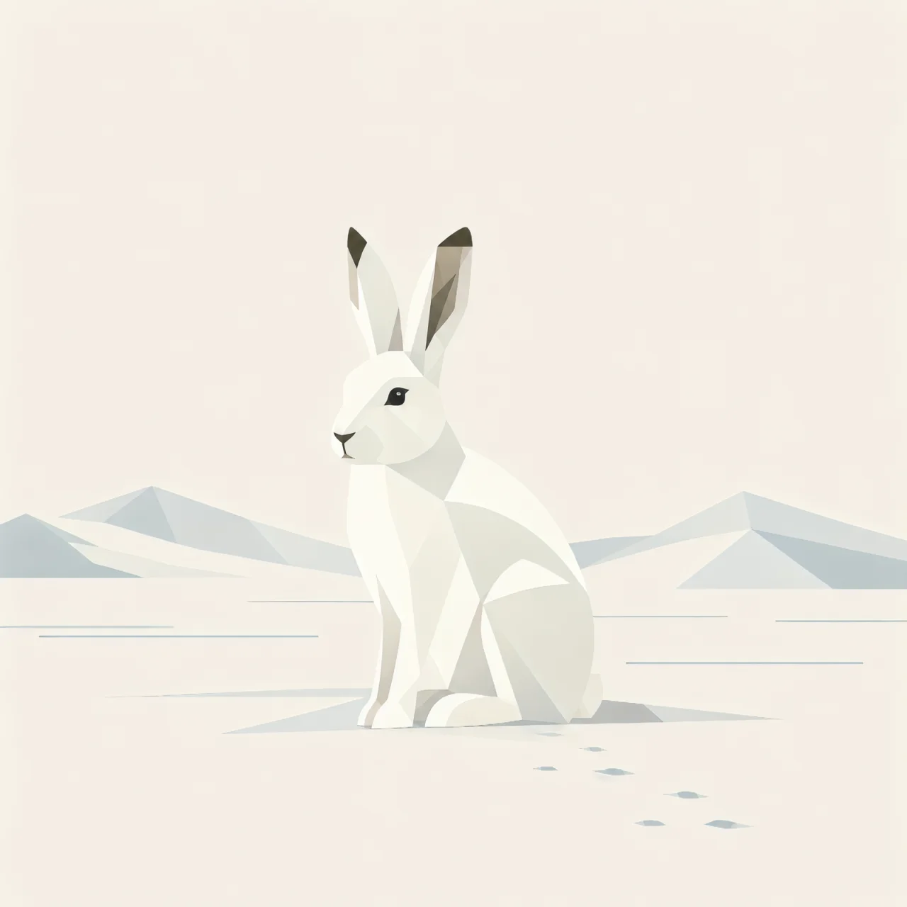 Minimalist Scandinavian Arctic hare resting quietly on a snowy Arctic landscape with long upright ears, soft winter tones, generous negative space, and a calm low-poly geometric design.