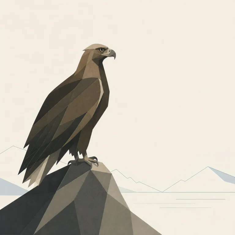 Minimalist Scandinavian golden eagle resting quietly on a rocky outcrop overlooking Nordic mountains with folded wings, generous negative space, and a calm low-poly geometric design.