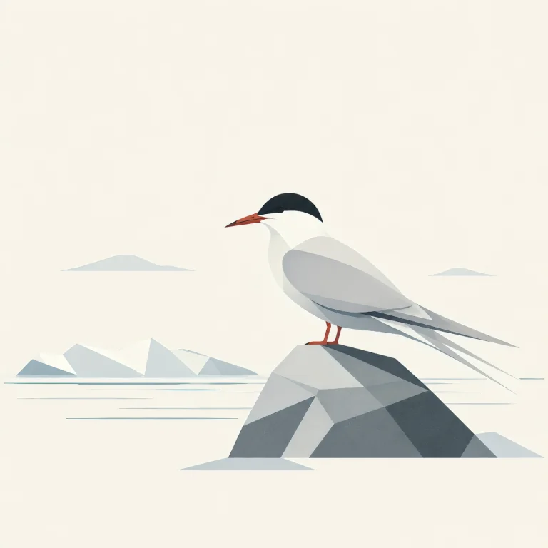Minimalist Scandinavian Arctic tern resting quietly on a rocky Arctic shoreline with elegant wings and long tail feathers, generous negative space, and a calm low-poly geometric design.