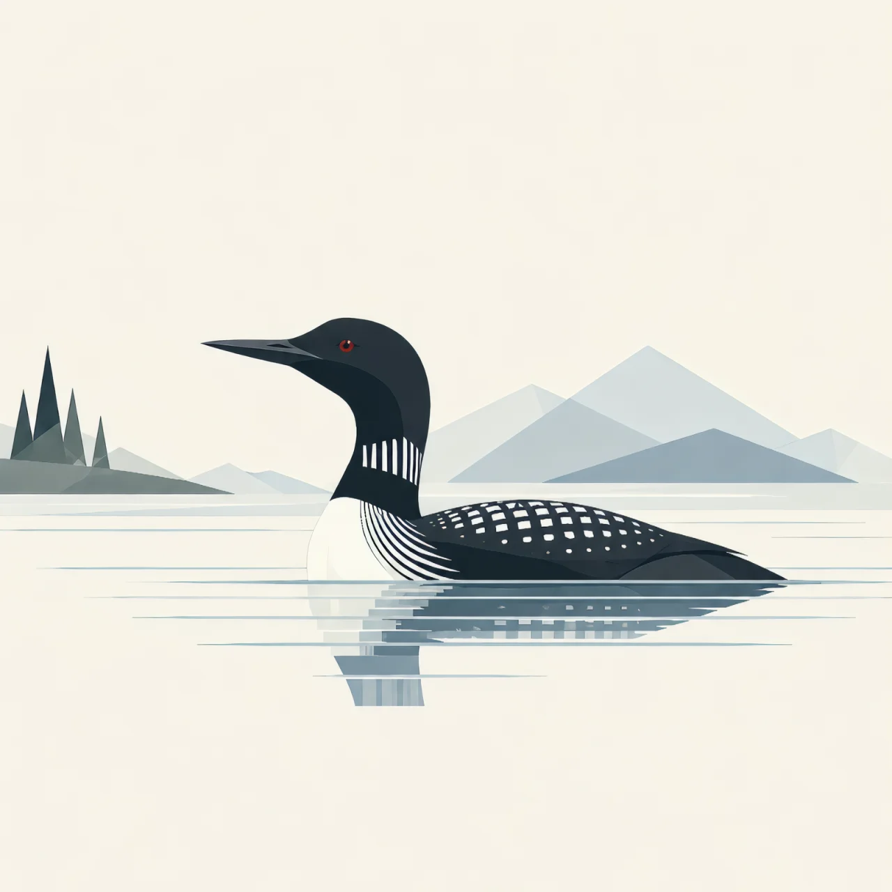 Minimalist Scandinavian northern diver floating quietly on a calm Nordic lake with a streamlined silhouette, subtle water reflections, generous negative space, and a low-poly geometric design.