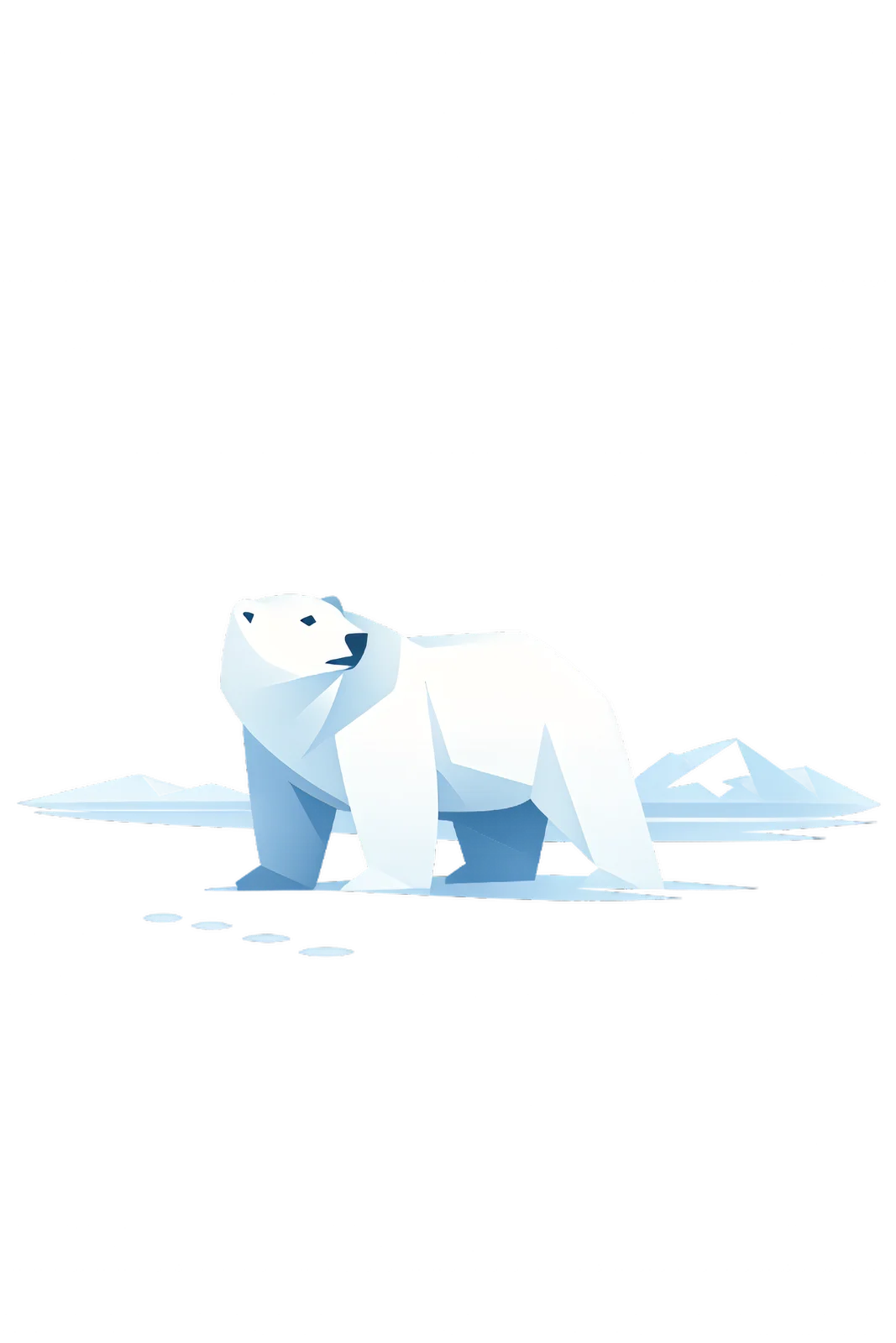 Minimalist Scandinavian polar bear standing quietly on an Arctic ice field with a powerful white silhouette, soft icy tones, generous negative space, and a calm low-poly geometric design.