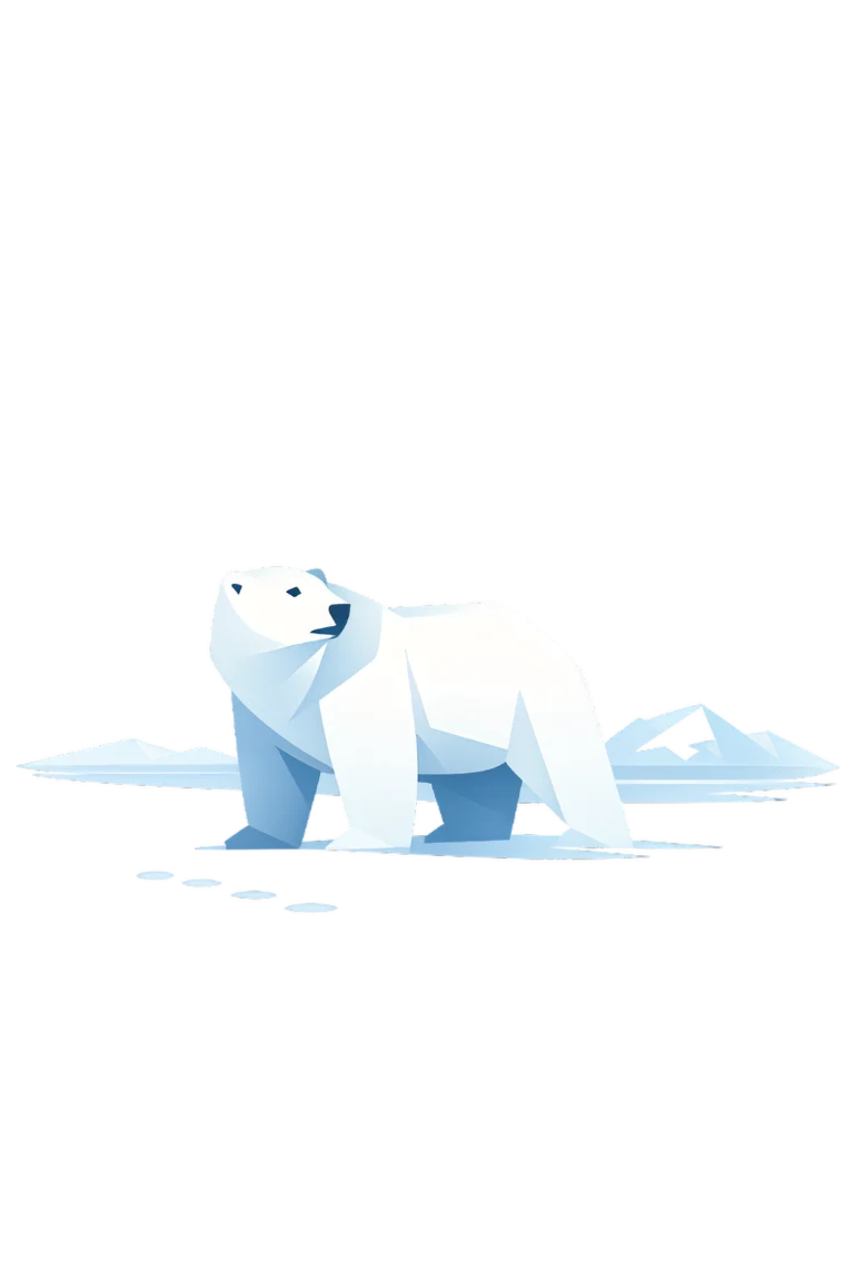 Minimalist Scandinavian polar bear standing quietly on an Arctic ice field with a powerful white silhouette, soft icy tones, generous negative space, and a calm low-poly geometric design.