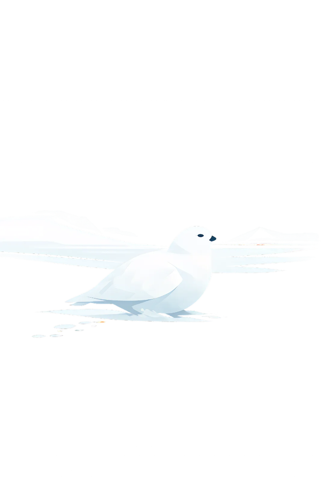 Minimalist Scandinavian snowy ptarmigan resting quietly on an Arctic snowfield with a rounded white silhouette, soft winter tones, generous negative space, and a calm low-poly geometric design.