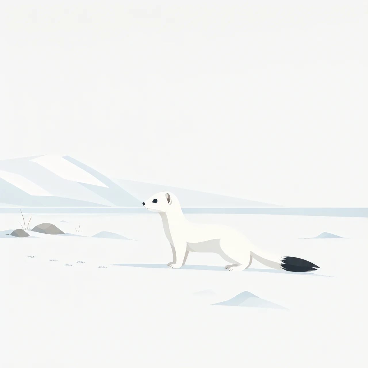 Minimalist Scandinavian stoat standing quietly on an Arctic snowfield with a slender white silhouette, black-tipped tail, generous negative space, and a calm low-poly geometric design.