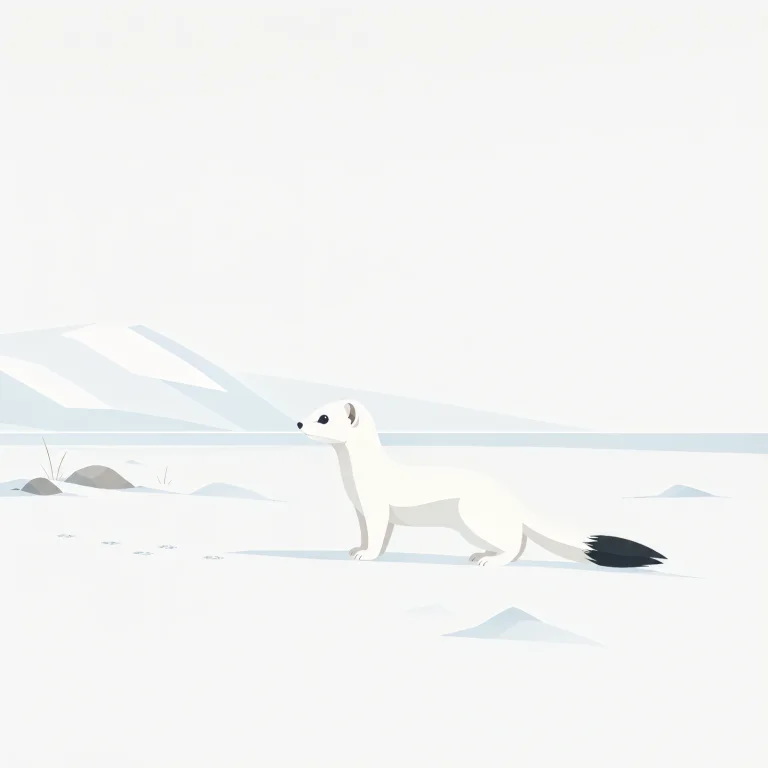 Minimalist Scandinavian stoat standing quietly on an Arctic snowfield with a slender white silhouette, black-tipped tail, generous negative space, and a calm low-poly geometric design.